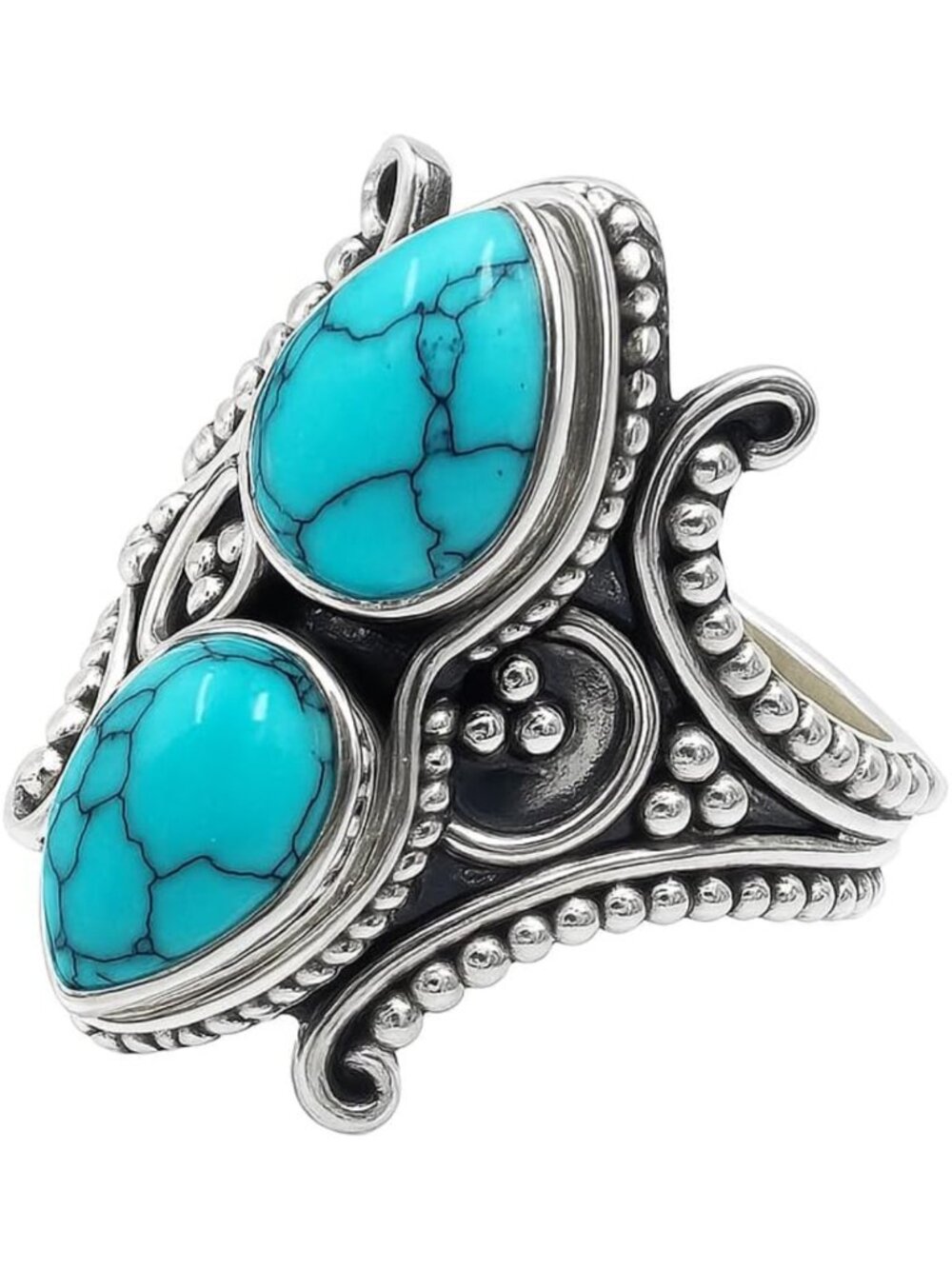 Bohemian Vintage 925 Sterling Silver Double Pear Cabochon Statement Ring - Gift